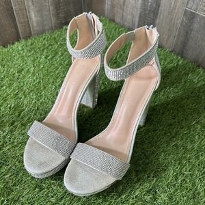 Women's Delicacy Silver High Heels Glitter‎ Stones Ankle Strap Zip Up 10